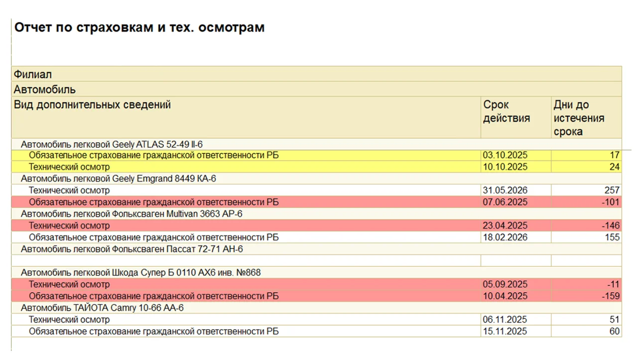 Отчет по страховкам и техосмотру